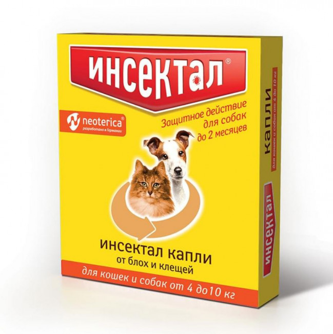 Инсектал капли для кошек и собак от блох и клещей 4-10кг, 1 пипетка