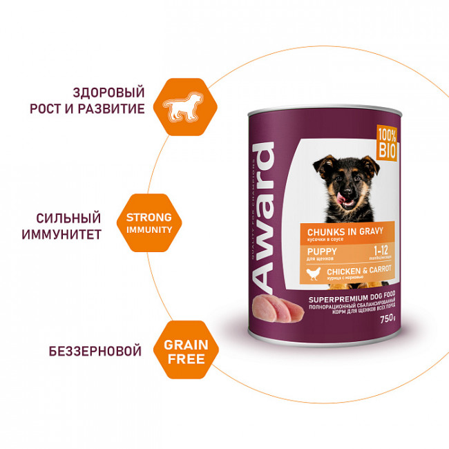 Влажный корм AWARD для щенков кусочки с курицей и морковью, 750г