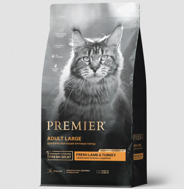 Premier Cat Сухой корм для взрослых кошек крупных пород, ягненок с индейкой 400 гр