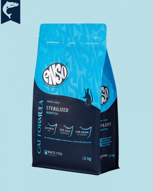 ENSO Cat Formula Sterilized сухой корм для стерилизованных кошек со свежей белой рыбой с добавлением клюквы, 1,5кг