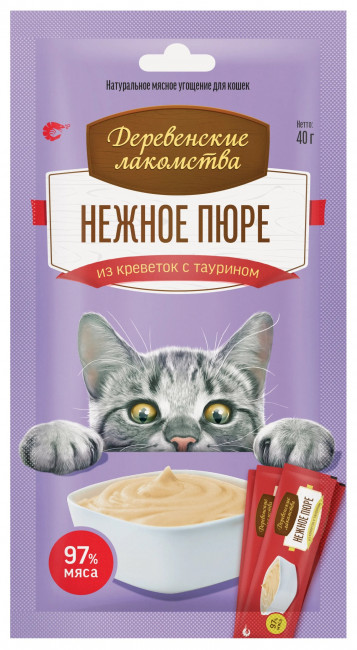 Лакомства для кошек "Деревенские Лакомства" Нежное пюре из креветок, 40 г