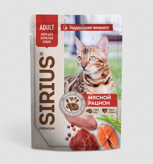 SIRIUS Влажный корм для взрослых кошек мясной рацион в соусе, 85 гр