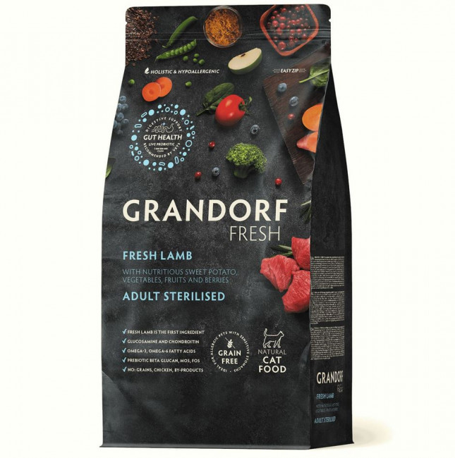 GRANDORF Fresh CAT Adult STERILISED Сухой корм для стерилизованных кошек, свежее мясо ягненка с бататом 400г