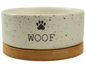 Миска Mr.Kranch Bamboo WOOF керамическая белая на бамбуковой подставке 470 мл