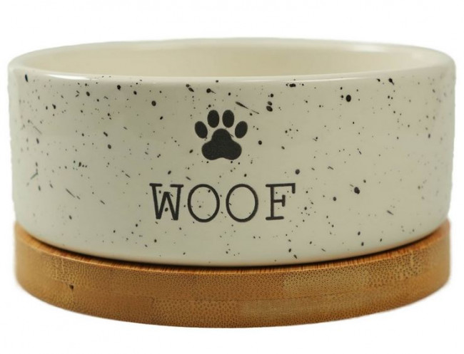 Миска Mr.Kranch Bamboo WOOF керамическая белая на бамбуковой подставке 470 мл