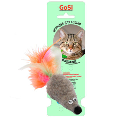 Игрушка GOSi для кошек "Мышь с мятой" серый мех с хвостом перо пышное