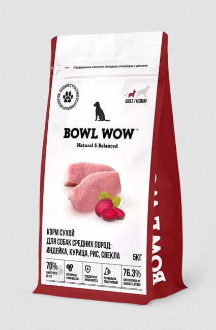BOWL WOW Сухой корм для взрослых собак средних пород с индейкой, курицей, рисом и свеклой, 5 кг