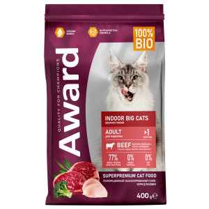 Сухой корм AWARD Indoor Big cats для взрослых домашних кошек крупных пород с говядиной и курицей с добавлением брокколи и юкки Шидигера, 400г