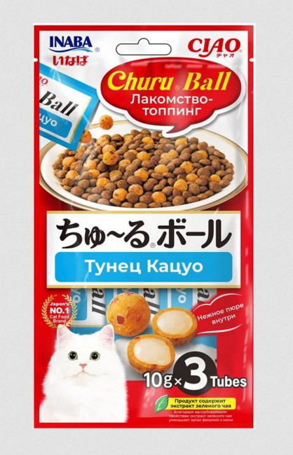 Лакомство-топпинг INABA Ciao Ball для кошек шарики с кремовой начинкой тунец Кацуо, 10гр*3 шт