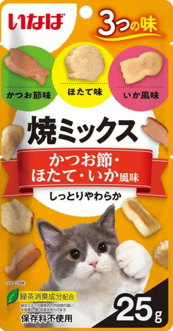 Лакомство для кошек Inaba Yakimiksu Снеки со вкусом кацуобуси, морского гребешка и кальмара, 25 г